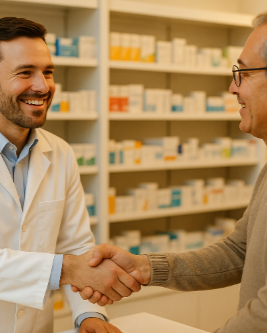Dispensador de farmacia dando la mano calidamente a un paciente de forma de agradecimiento