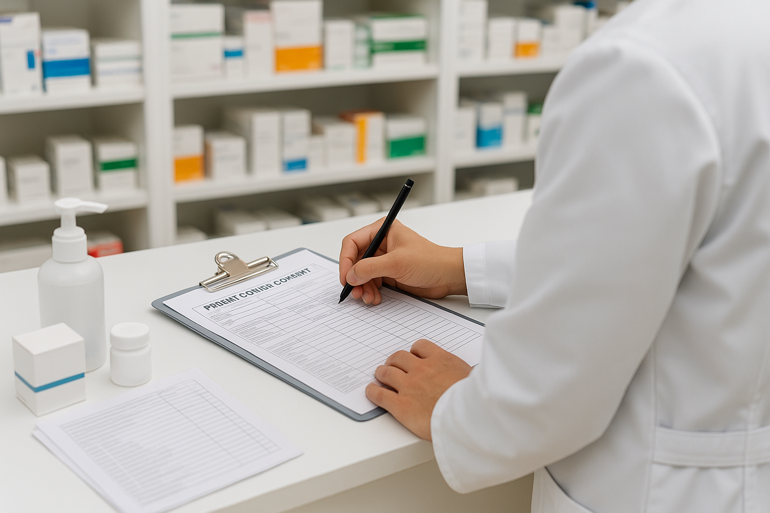 genera una imagen de un trabajador de farmacia sin mostrar el rostro donde este llenando un documento para control de pacientes