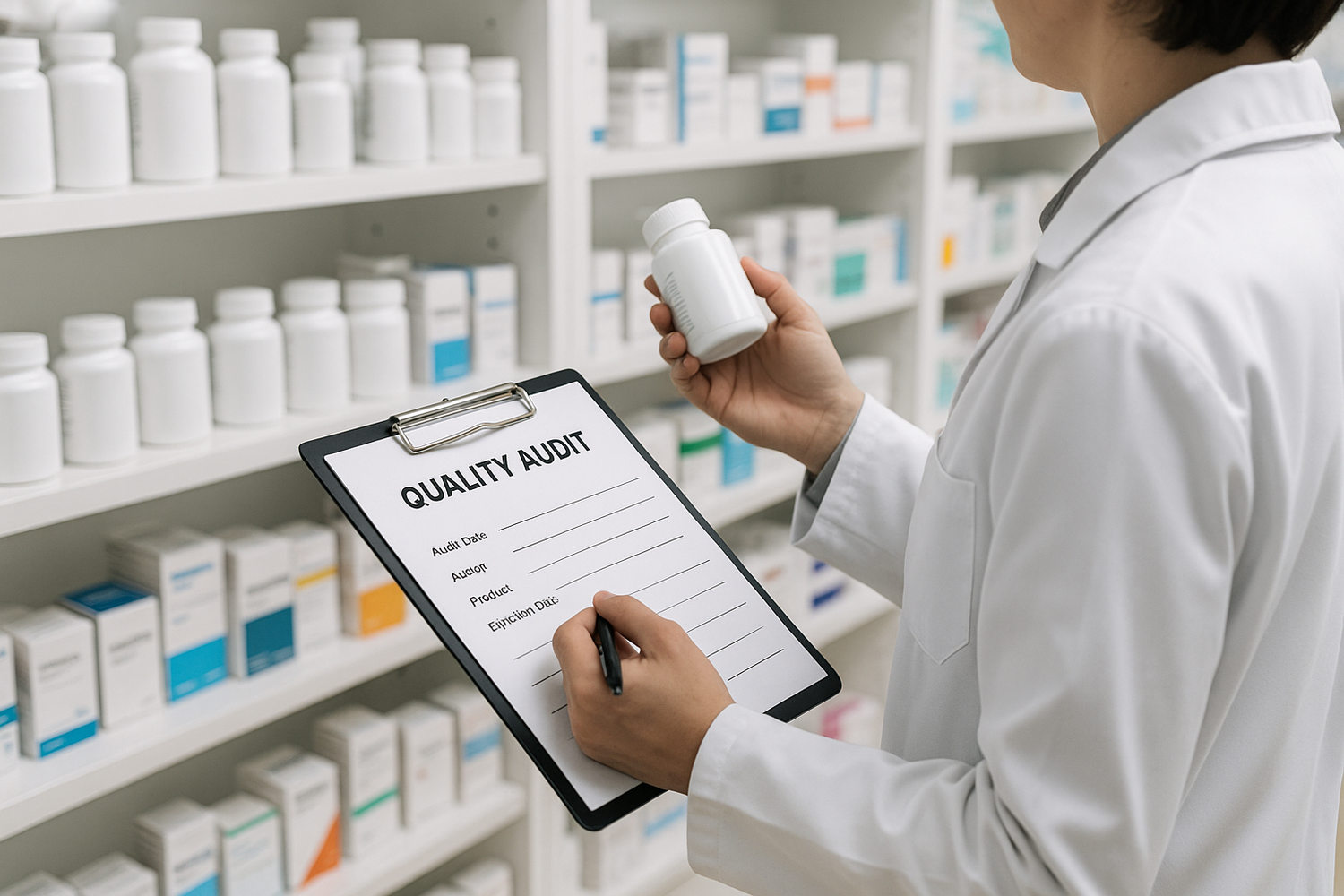 genera una imagen de un trabajador de farmacia sin mostrar el rostro realizando una auditoria de calidad en farmacia