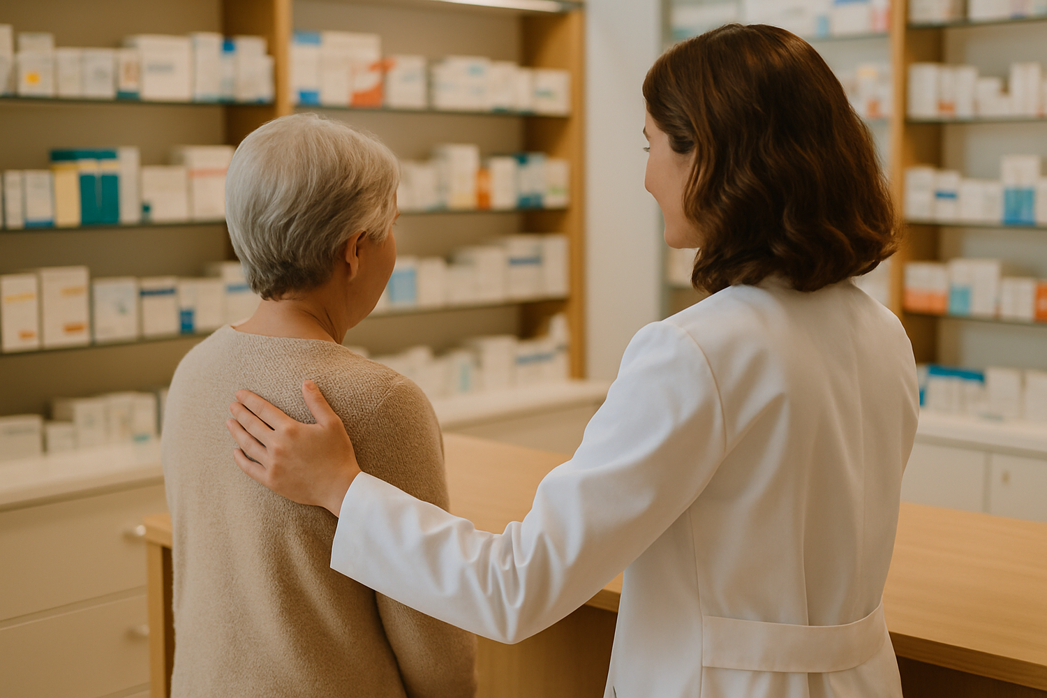 Trabajador de farmacia atendiendo a paciente de forma cálida sin mostrar rostros