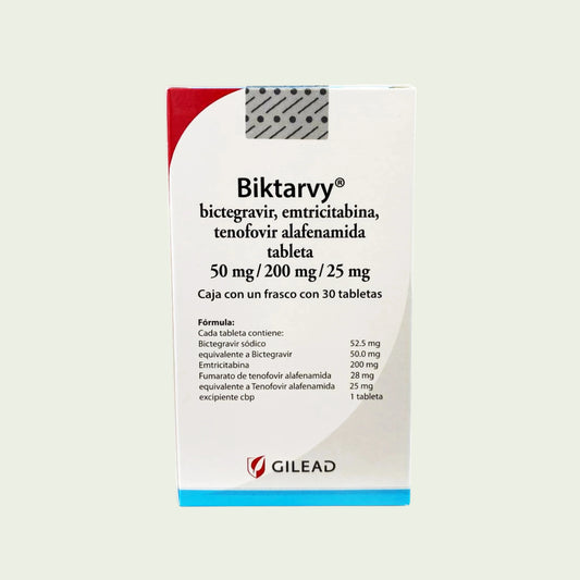 Biktarvy Bictegravir, Emtricitabina, Tenofovir (Gilead) Tabletas 50 mg, 200 mg, 25 mg 30 tabletas (1 caja) Ersopharma